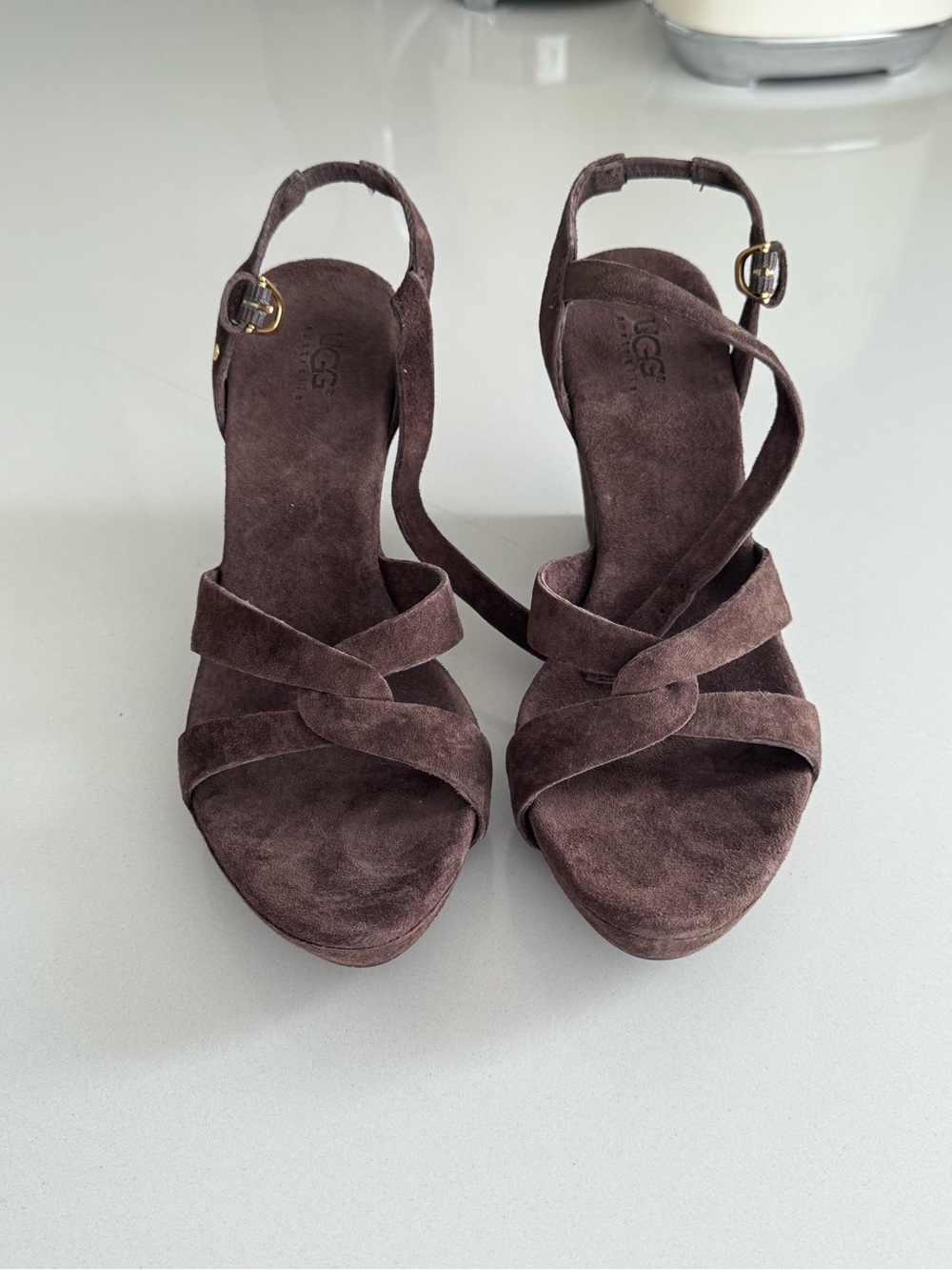 UGG Brown Suede Crisscross Wedge Sandals with Ankle Strap